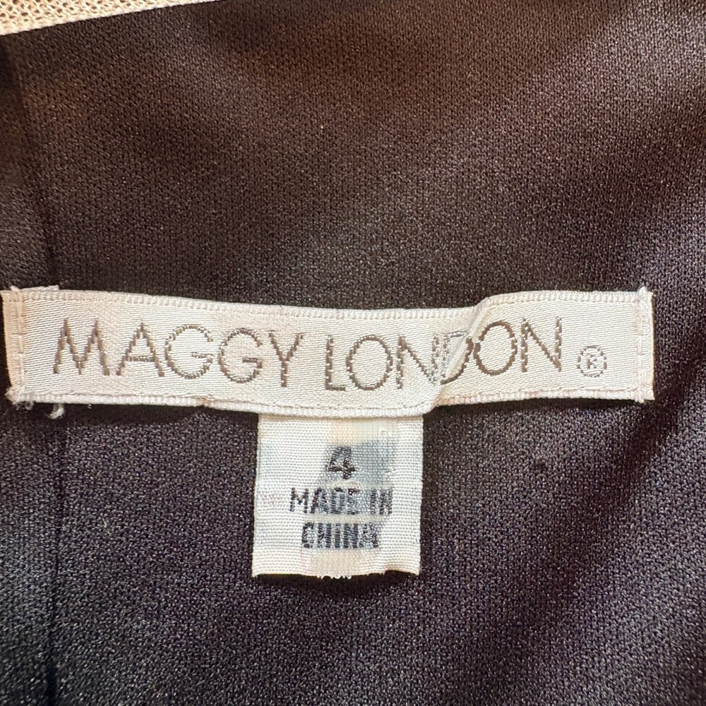 Maggy London Sheath Dress Womens 4 Black Beaded Mesh Yoke Cocktail Midi Evening - Picture 3 of 7